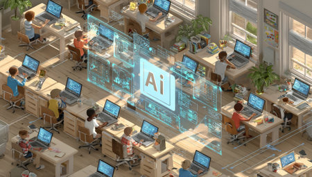 Diverse group of students focused on laptops in a bright classroom, with digital tools and plants enhancing the learning atmosphere and promoting creativityの素材