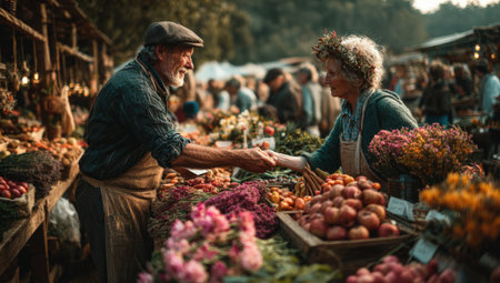 Senior couple engaging in friendly exchange at bustling outdoor market, surrounded by vibrant flowers and fresh produce, highlighting community spirit and local farmingの素材