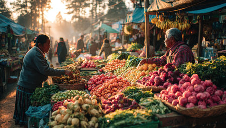 Female vendor and male seller interact in bustling market, surrounded by fresh fruits and vegetables, highlighting community spirit and vibrant marketplace energyの素材