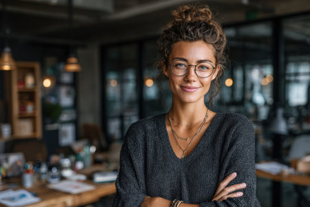Confident young woman with curly hair and glasses poses in a contemporary office, surrounded by stylish decor and a vibrant workspace, embodying creativity and professionalismの素材