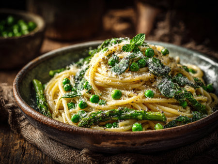 Plate of spaghetti featuring vibrant green peas and asparagus, topped with fresh mint and cheese, presented in a rustic bowl on a wooden surfaceの素材