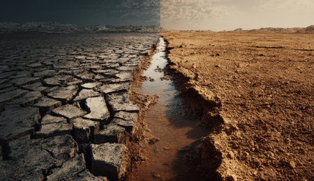 Landscape depicting drought-stricken cracked earth on one side and a flowing stream on the other, highlighting the stark contrast of water scarcity and abundance in natureの素材