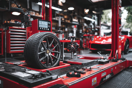 Close-up view of tire on red wheel balancer in automotive workshop, surrounded by tools and a sports car, highlighting the intricacies of vehicle maintenanceの素材