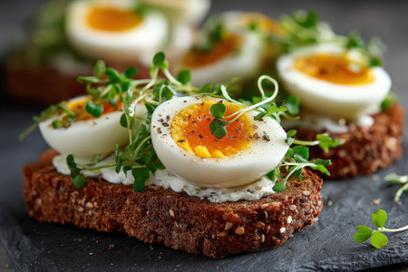 Open-faced sandwich with sliced boiled eggs, topped with microgreens and creamy spread on dark rye bread, highlighting a colorful and nutritious meal optionの素材