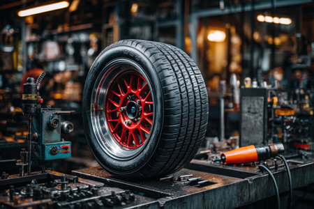 High-performance tire with red alloy rim, positioned on a workbench in an automotive workshop, highlighting the intricate design and quality of automotive componentsの素材