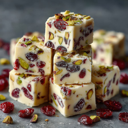 Stacked fudge squares featuring cranberries and pistachios on a textured surface, highlighting a delicious dessert option perfect for celebrations and indulgenceの素材