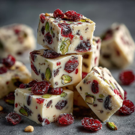 Stacked fudge squares featuring cranberries and pistachios, highlighting a creamy texture and colorful appearance, ideal for sweet treats and holiday celebrationsの素材