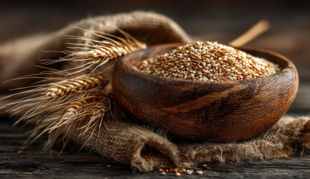 Rustic wooden bowl contains sesame seeds, set on burlap fabric with wheat stalks nearby, evoking a cozy and natural ambiance for culinary creativityの素材
