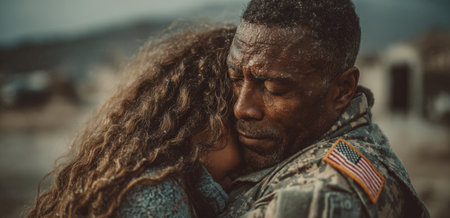 Soldier holds young girl close in a touching reunion, highlighting deep emotional bond and connection, set against a blurred background of military environmentの素材