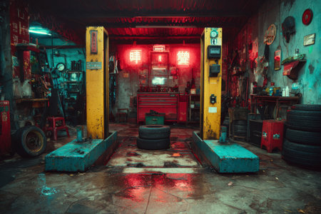 Interior of an industrial garage showcasing yellow hydraulic lifts, neon lights, and various tools, creating a dynamic environment for automotive repair and maintenanceの素材