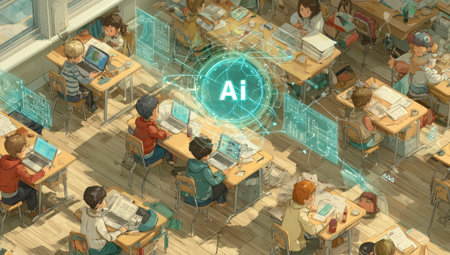 Diverse group of students in classroom, focused on laptops and digital tools, with educational materials around, showcasing a vibrant learning environment and technological integrationの素材