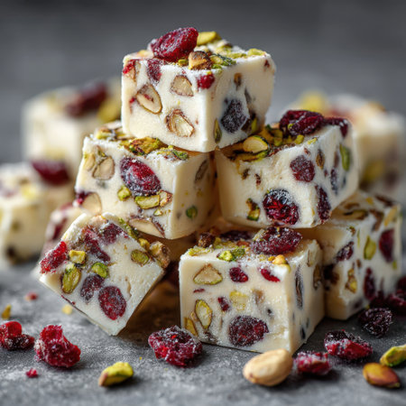 Artfully arranged dessert squares made of nougat, pistachios, and cranberries on a textured surface, highlighting the vibrant colors and appealing textures of this sweet delicacyの素材