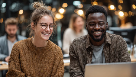 Young woman with glasses and young man are engaged in a collaborative project on a laptop in a contemporary office, highlighting teamwork and creativityの素材