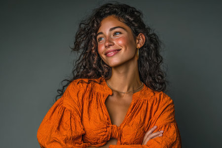 Female with curly hair, dressed in vibrant orange blouse, smiling with arms crossed, radiating confidence and happiness in a neutral-toned settingの素材