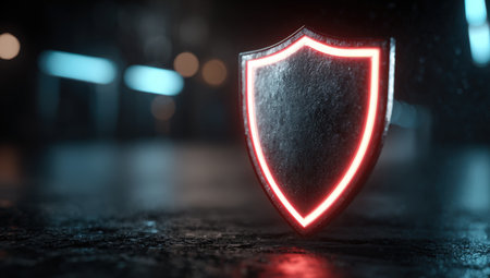 A striking metallic shield with a vibrant red glow rests on a textured surface, surrounded by soft ambient lighting, representing themes of security and protectionの素材
