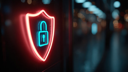 Glowing neon shield featuring padlock symbol in blue and pink, set against blurred cityscape at night, conveying themes of security and digital protectionの素材
