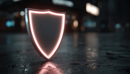 Glowing shield design on reflective surface, highlighting modern aesthetics and digital security themes in an urban setting, creating a striking visual impactの素材