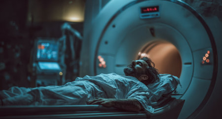 Male patient is positioned on examination table in medical imaging room, undergoing MRI scan, surrounded by advanced equipment and soft lighting, conveying a clinical environmentの素材