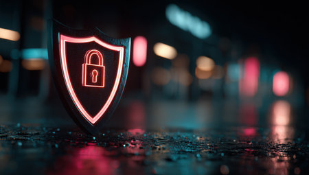 Neon shield with padlock icon stands on wet ground, glowing in vibrant colors, symbolizing security and protection in a contemporary digital landscapeの素材