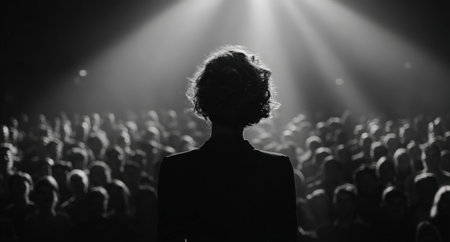 Female speaker stands confidently on stage, illuminated by spotlight, with a captivated audience in the background, creating an inspiring atmosphere for communicationの素材