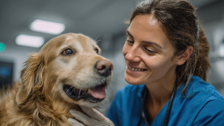 Veterinarian in blue scrubs is gently examining golden retriever dog in a modern clinic, highlighting the caring relationship between animal and professionalの素材