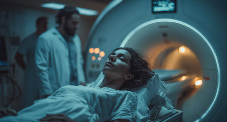 Woman receiving MRI scan in hospital, surrounded by medical staff, highlighting the importance of advanced imaging technology and compassionate healthcare servicesの素材