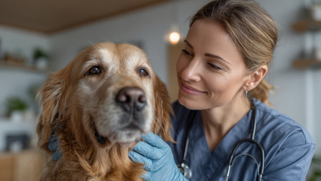 Veterinarian is caring for a golden retriever in a modern clinic, highlighting the bond between animals and their caregivers in a comforting atmosphereの素材