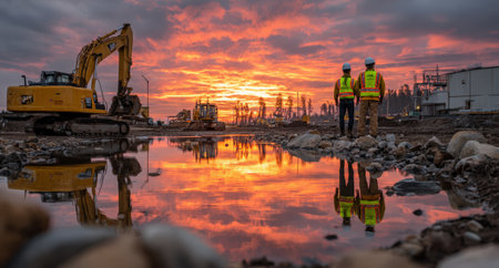Two construction workers in safety gear observe a stunning sunset reflected in a puddle at a construction site, highlighting the beauty of hard work and collaborationの素材