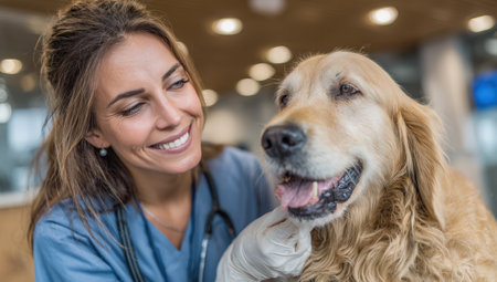 Veterinarian is gently examining golden retriever dog in a contemporary clinic, highlighting the bond between animals and caregivers in a warm, inviting environmentの素材