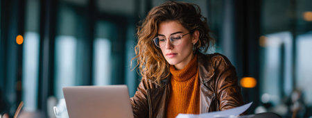 Female professional with curly hair and glasses is working intently on laptop in contemporary office, with warm lighting and stylish decor enhancing the atmosphereの素材