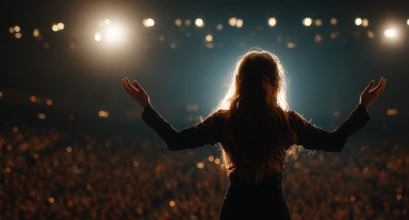 Woman performer with long hair stands on stage, arms raised in joy, surrounded by bright lights and a cheering crowd, creating an electrifying ambianceの素材