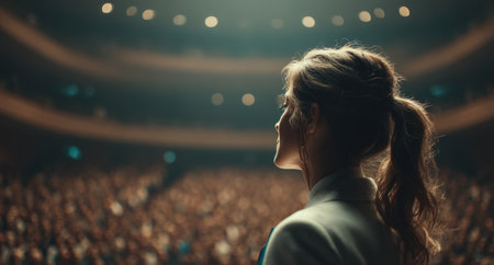 Confident female speaker stands on stage, addressing captivated audience in a theater, with bright lights creating an inspiring atmosphere for communicationの素材