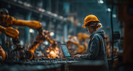 Woman in hard hat operates laptop in factory filled with robotic arms, highlighting the integration of technology and automation in contemporary manufacturing processesの素材
