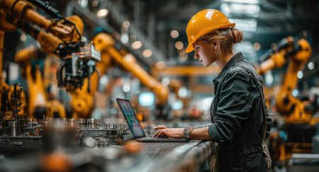 Woman engineer in yellow hard hat is focused on laptop in industrial factory, surrounded by robotic arms and machinery, highlighting modern technology and innovationの素材