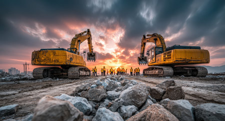 Large yellow excavators on construction site at sunset, with workers collaborating in the background, highlighting the power of machinery and teamworkの素材