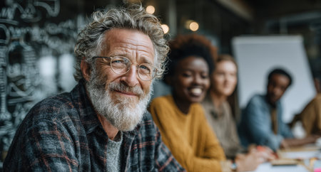 Smiling elderly man with glasses is seated at a table with diverse colleagues in a modern workspace, highlighting teamwork and collaboration in a professional settingの素材