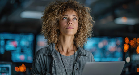 Female technology professional is holding laptop and gazing thoughtfully in a modern workspace filled with glowing screens and vibrant lights creating an inspiring ambianceの素材