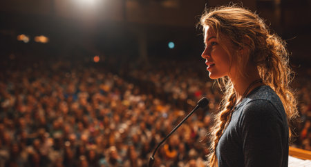 Female speaker with braided hair addresses a captivated audience from a podium, creating an atmosphere of motivation and engagement in a large venueの素材