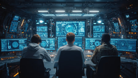 Three individuals of different ethnicities are focused on multiple screens in a high-tech control room, analyzing data and monitoring systems in a futuristic settingの素材