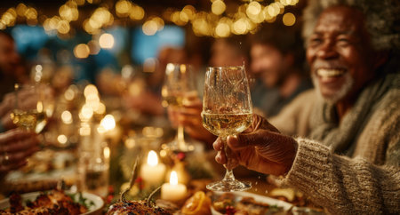 Elderly man joyfully toasting with a sparkling drink at a festive gathering, surrounded by friends and delicious food, creating a warm and inviting ambianceの素材