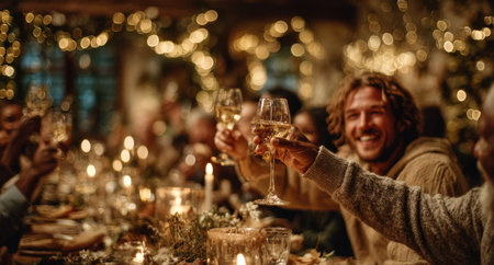 Diverse group of friends joyfully celebrating at a beautifully set dinner table, raising glasses in a cozy, festive atmosphere filled with warm lights and holiday cheerの素材