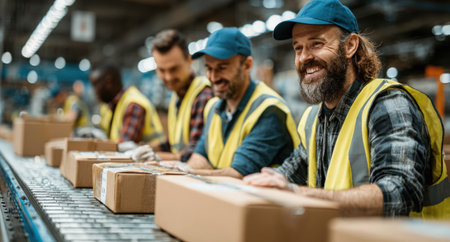 Diverse team of warehouse workers in yellow vests packing boxes on conveyor belt, demonstrating collaboration and productivity in a bustling distribution center atmosphereの素材