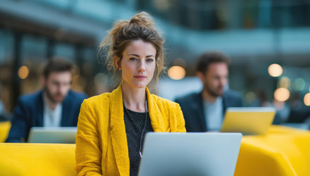 Female professional with curly hair is working intently on her laptop in a contemporary office environment, with colleagues collaborating in the background, showcasing a vibrant atmosphereの素材