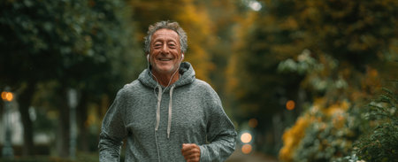 Happy elderly man jogging in a park during fall, wearing a gray hoodie, enjoying music, with vibrant autumn leaves and a peaceful environment enhancing the sceneの素材