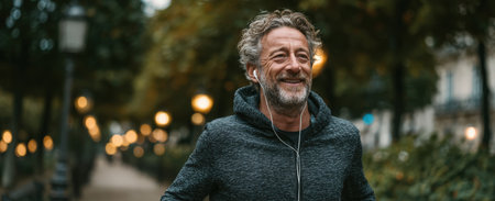 Male jogger with curly hair is running in a park, wearing headphones, amidst trees and warm lighting, promoting health and wellness through active livingの素材