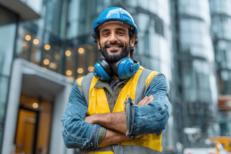 Confident male construction worker in yellow safety vest and blue hard hat stands with arms crossed at a modern construction site, emphasizing safety and teamworkの素材