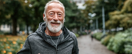 Senior man with gray beard, wearing headphones, jogging in a lush park, surrounded by vibrant greenery, embodying health, vitality, and outdoor activityの素材