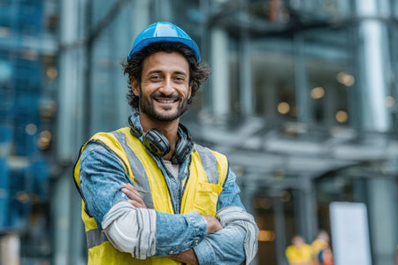 Confident male construction worker in a yellow safety vest and blue hard hat stands with arms crossed, surrounded by modern architecture and a bustling construction siteの素材