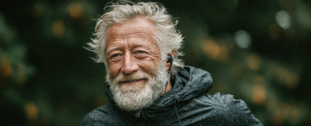 Senior man with gray hair and beard, dressed in a dark jacket, smiling in a natural setting, surrounded by lush greenery, reflecting happiness and peaceの素材