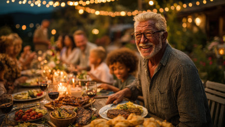Happy elderly man at outdoor dinner table, surrounded by family and friends, enjoying delicious food and warm atmosphere, illuminated by soft string lightsの素材